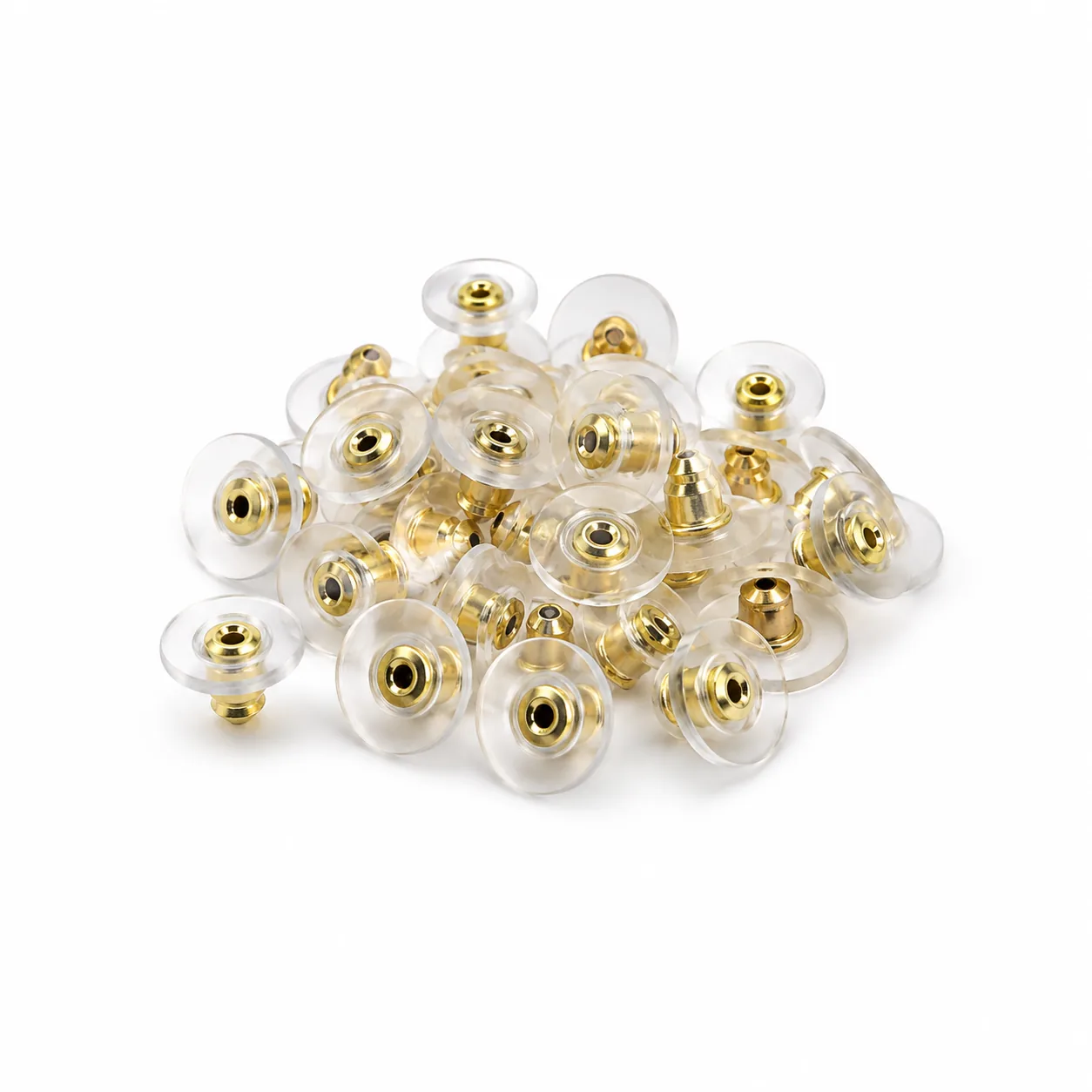 Clear silicone earring backs with gold-tone metal centres